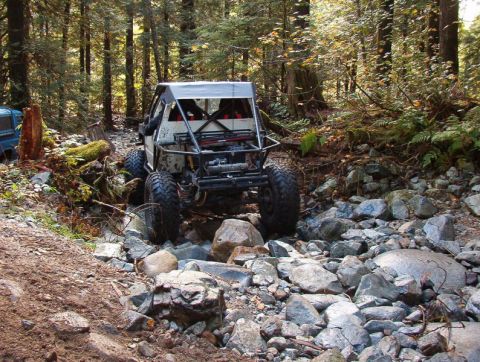 1985 Ford Bronco - A custom off-road buggy with a roll cage navigates a rocky stream bed in a dense forest. The buggy is viewed from the rear, showing its lar…