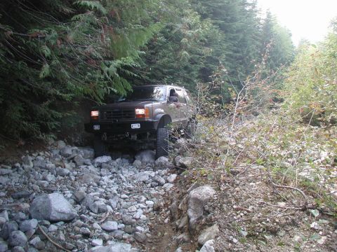 1985 Ford Bronco - A brown SUV navigates a rocky, wooded trail, with dense trees lining the path.