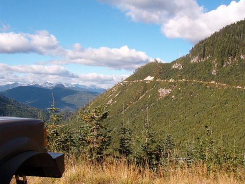 1985 Ford Bronco - The front left fender and wheel well of a dark-colored vehicle are visible in the foreground, parked on a grassy overlook. Beyond the vehic…