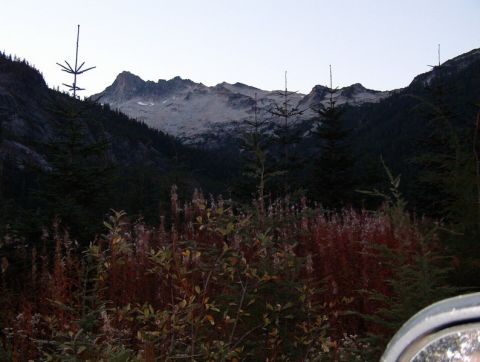 1985 Ford Bronco - A mountain landscape at dusk with dark evergreen trees in the foreground and a rocky mountain peak in the distance.