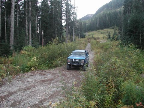 1985 Ford Bronco - A blue 1980s SUV is parked on a gravel road in a forest. The vehicle is facing forward on the dirt path, surrounded by trees and brush.
