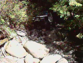 1985 Ford Bronco - A lifted, dark-colored SUV navigates a rocky, wooded trail. The vehicle appears to be a 1980s model with its doors open.
