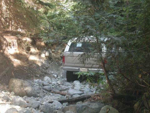 1985 Ford Bronco - The rear of a tan 1985 Ford Bronco is visible, navigating a rocky, wooded trail. The vehicle is surrounded by dense foliage and large bould…