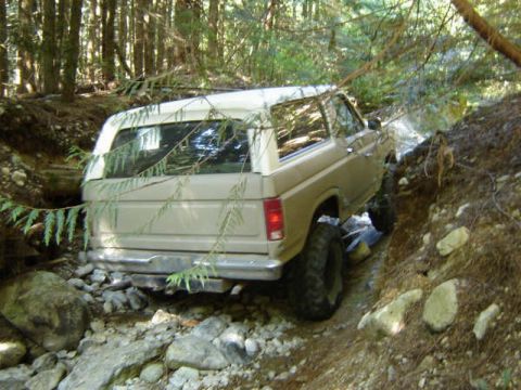 1985 Ford Bronco - A tan 1980s Ford Bronco is navigating a narrow, rocky trail through a dense forest. The vehicle is positioned at an angle, with its rear en…