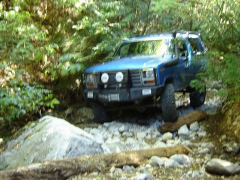 1985 Ford Bronco - A blue 1985 Ford Bronco is navigating a rocky, wooded trail. The vehicle is angled towards the viewer's right, with its front grille and he…