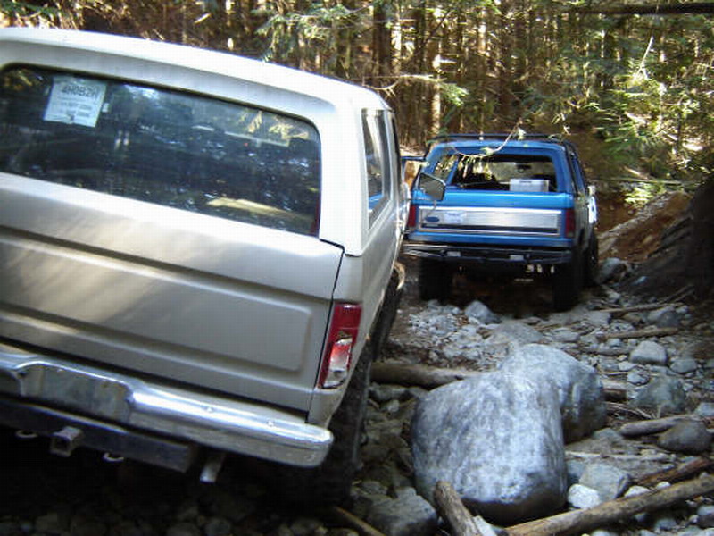 Rear view of a silver Ford Bronco on a rocky trail, with a blue Ford Bronco behind it in a forest.