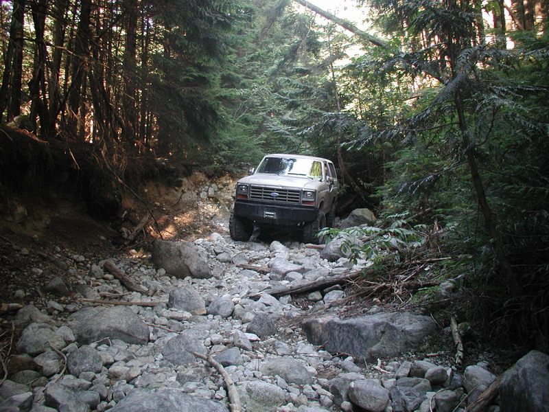 Lifted 1980s Ford Bronco on a rocky, wooded trail.