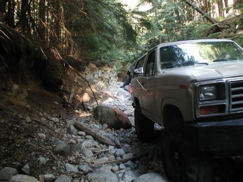 Tan 1980s Ford Bronco driving on a rocky forest trail.