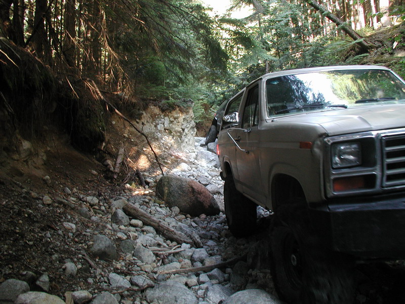 Tan 1980s Ford Bronco driving on a rocky forest trail.