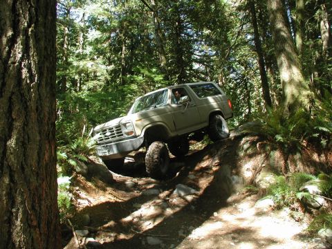 Tan Ford Bronco off-roading on a rocky trail in a forest.