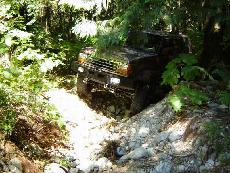 Dark SUV on a rocky, wooded trail.