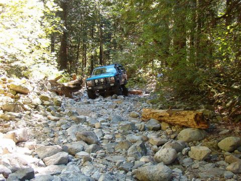 Blue SUV driving on a rocky trail in a forest.
