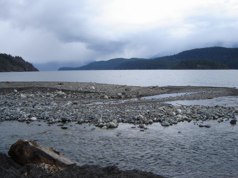 Rocky shoreline and water with forested hills under a cloudy sky.