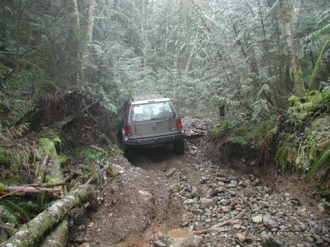 1985 Ford Bronco - A tan SUV navigates a muddy, rocky trail through a dense, moss-covered forest. The vehicle is angled away from the camera, showing its rear…