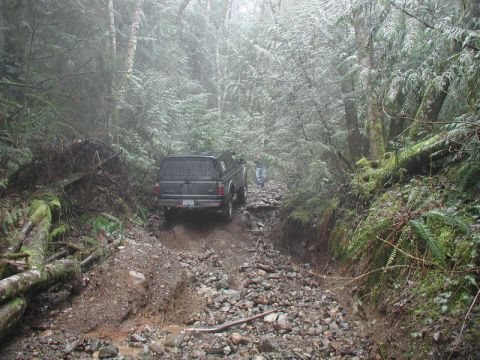 1985 Ford Bronco - A dark-colored pickup truck with a camper shell navigates a muddy, rocky, off-road trail through a dense forest.