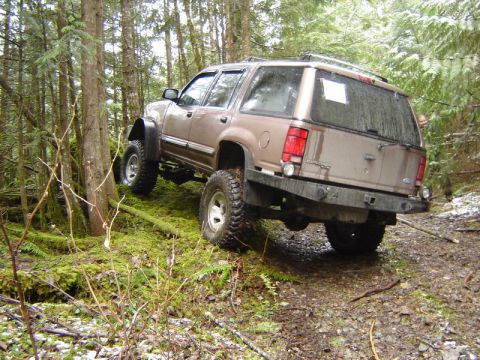 1985 Ford Bronco - A tan Ford Explorer is shown off-roading on a mossy, wooded trail, with its tires angled on uneven terrain. The vehicle has been modified w…