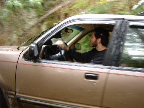 1985 Ford Bronco - A man with a beard drives a tan SUV on a dirt road through a wooded area. The vehicle is in motion, indicated by the motion blur.