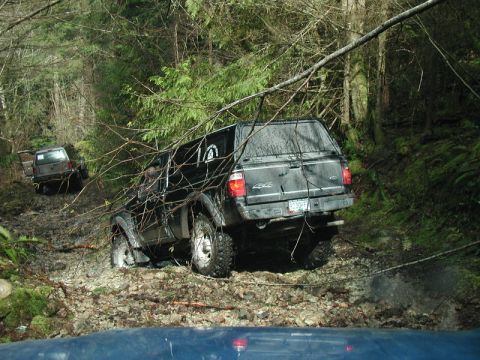 1985 Ford Bronco - Two off-road vehicles navigate a muddy, wooded trail. The foreground vehicle is a black pickup truck with a camper shell, while a dark SUV…