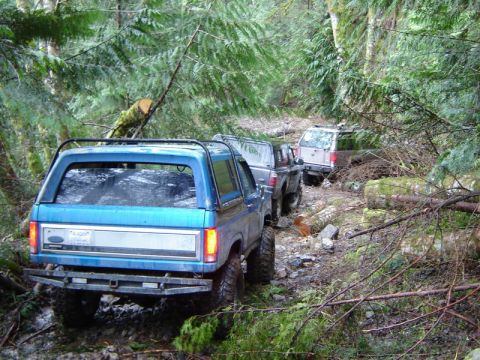 1985 Ford Bronco - A blue 1985 Ford Bronco is navigating a muddy, wooded trail, followed by two other off-road vehicles. Fallen trees and branches litter the…