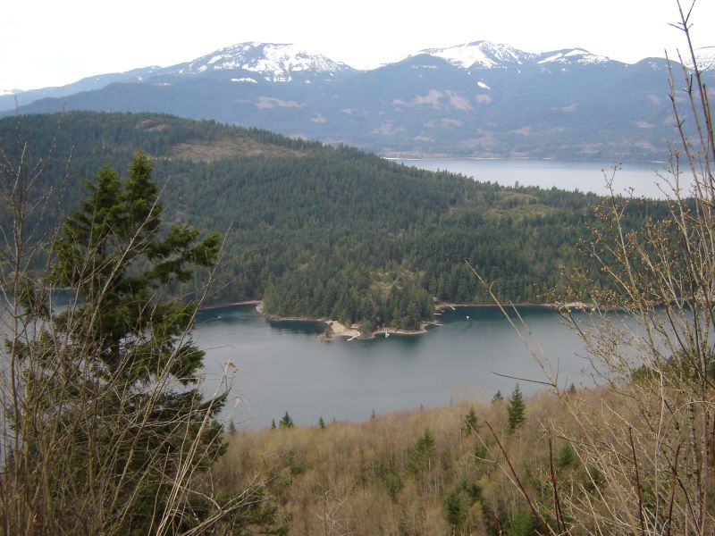 Scenic view of a bay with forested hills and snow-capped mountains in the background.