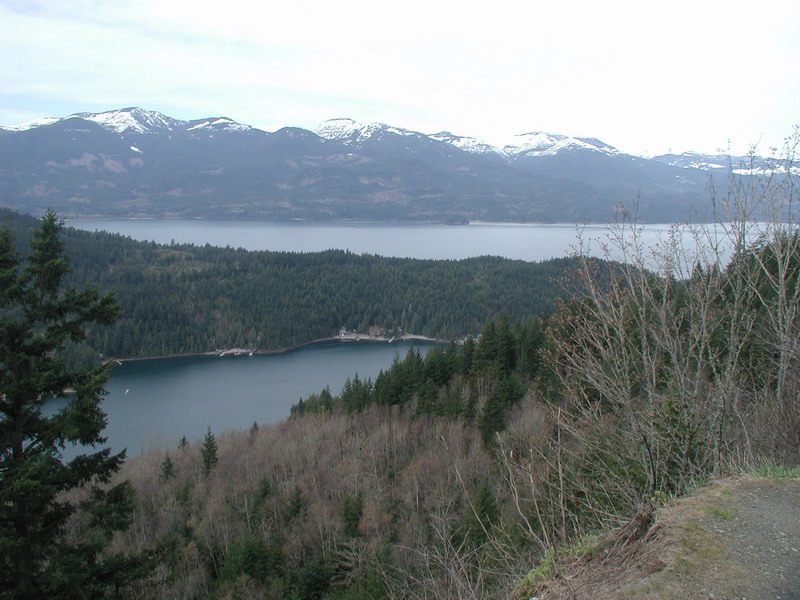 Scenic view of a lake or bay with forested hills and snow-capped mountains.