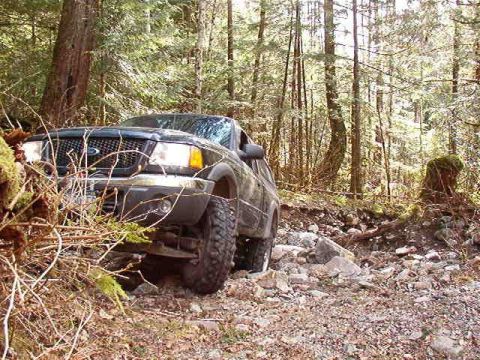 1985 Ford Bronco - A dark-colored Ford pickup truck is navigating a rocky, wooded trail. The front of the truck is visible, showing its grille, headlights, an…