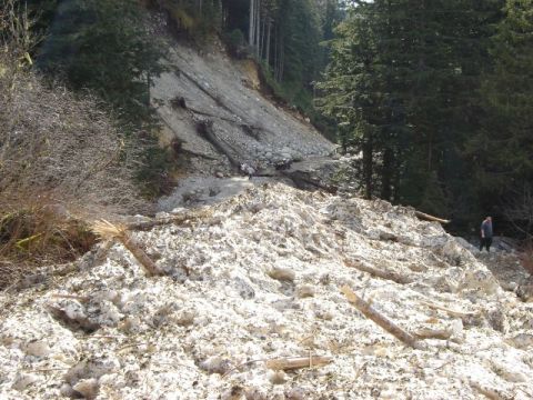 1985 Ford Bronco - A landslide has covered a road with snow, dirt, and debris. Several people are visible in the distance, assessing the damage.