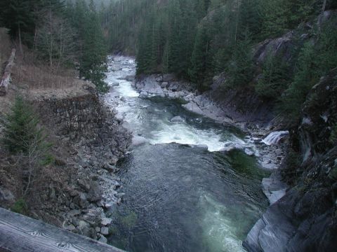 1985 Ford Bronco - A wide, fast-flowing river cuts through a rocky, forested gorge. The water is a dark green color with white rapids in the distance.
