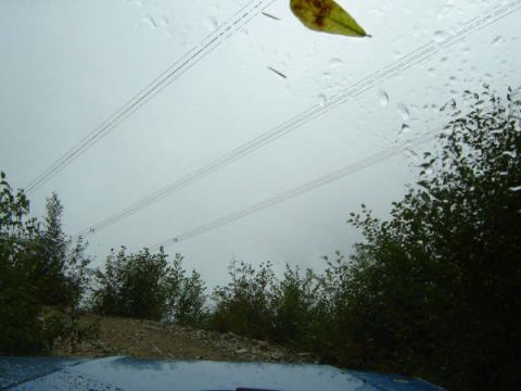 1985 Ford Bronco - View from inside a vehicle looking out through a rain-streaked windshield at power lines stretching across a cloudy sky, with trees and a d…