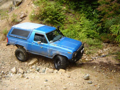 1985 Ford Bronco - A blue Ford Bronco is driving on a rocky, unpaved trail surrounded by dense green foliage. The vehicle is angled towards the right, showing…