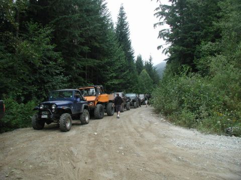 1985 Ford Bronco - A line of off-road vehicles, including a blue Jeep CJ and an orange flatbed truck, are parked on a dirt road surrounded by a dense forest.