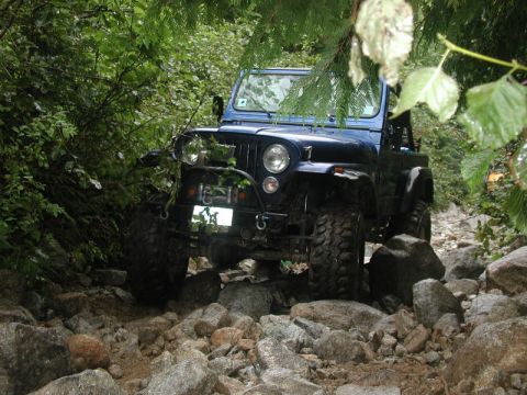 1985 Ford Bronco - A blue Jeep CJ is navigating a rocky, off-road trail surrounded by dense green foliage. The vehicle is positioned at an angle, with its fro…