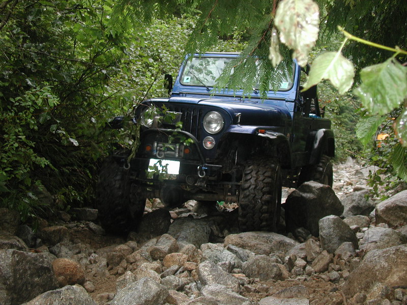 Blue Jeep CJ off-roading on a rocky trail with dense green trees.
