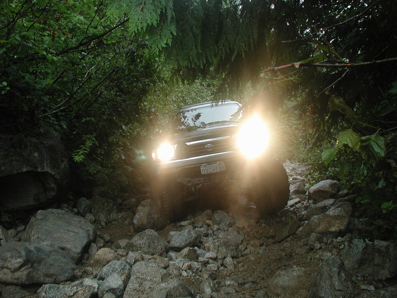 Dark SUV driving on a rocky trail through a forest.