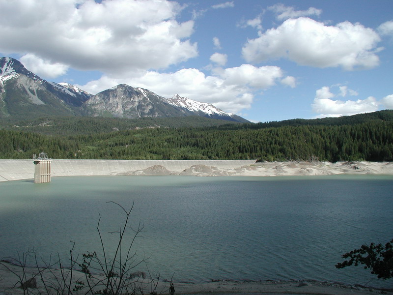 Dam holding back a reservoir with mountains and forest in the background.