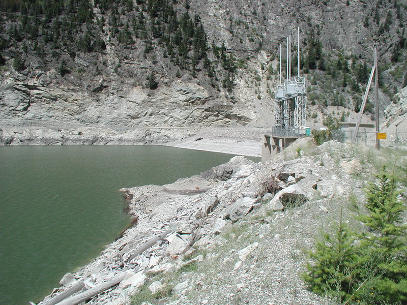 Reservoir and hydroelectric power station in a mountainous area.