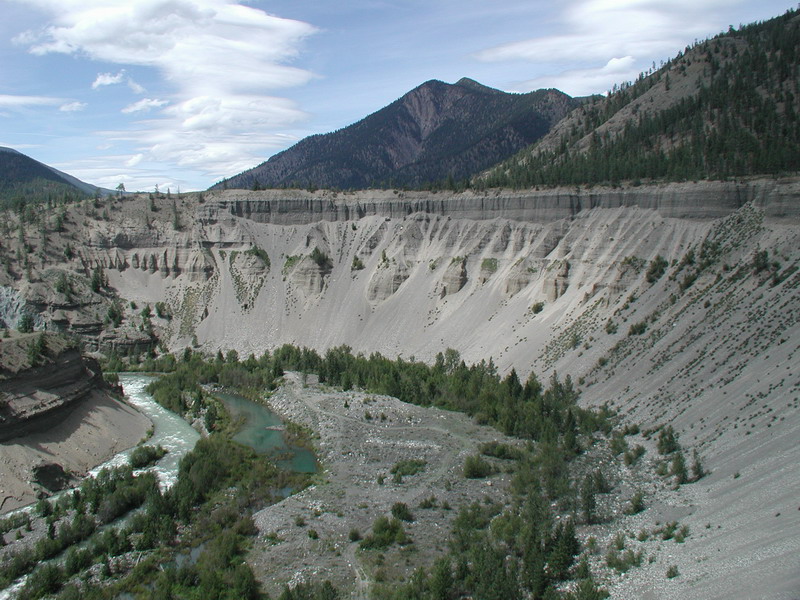 River flowing through a canyon with eroded walls and trees under a partly cloudy sky.