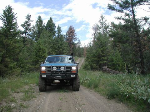 Blue 1980s Ford Bronco with winch and snorkel on a dirt road in a forest.