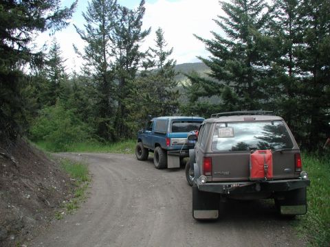 Brown Ford Explorer and blue Ford Bronco on a dirt road in a forest.