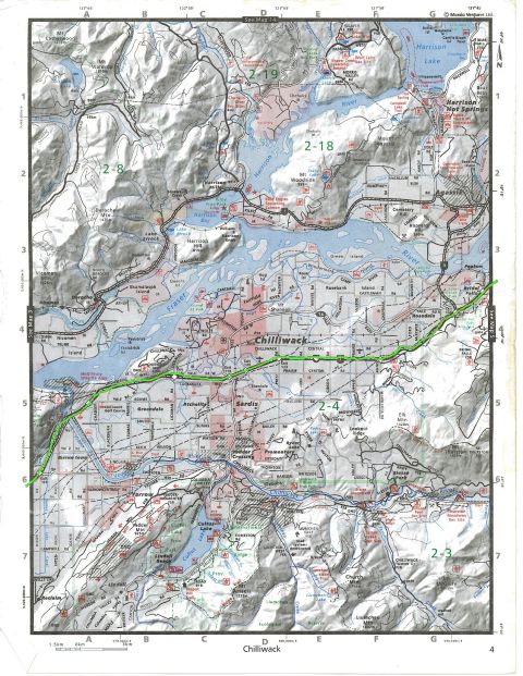 Map of Chilliwack, BC showing roads, rivers, and mountains.