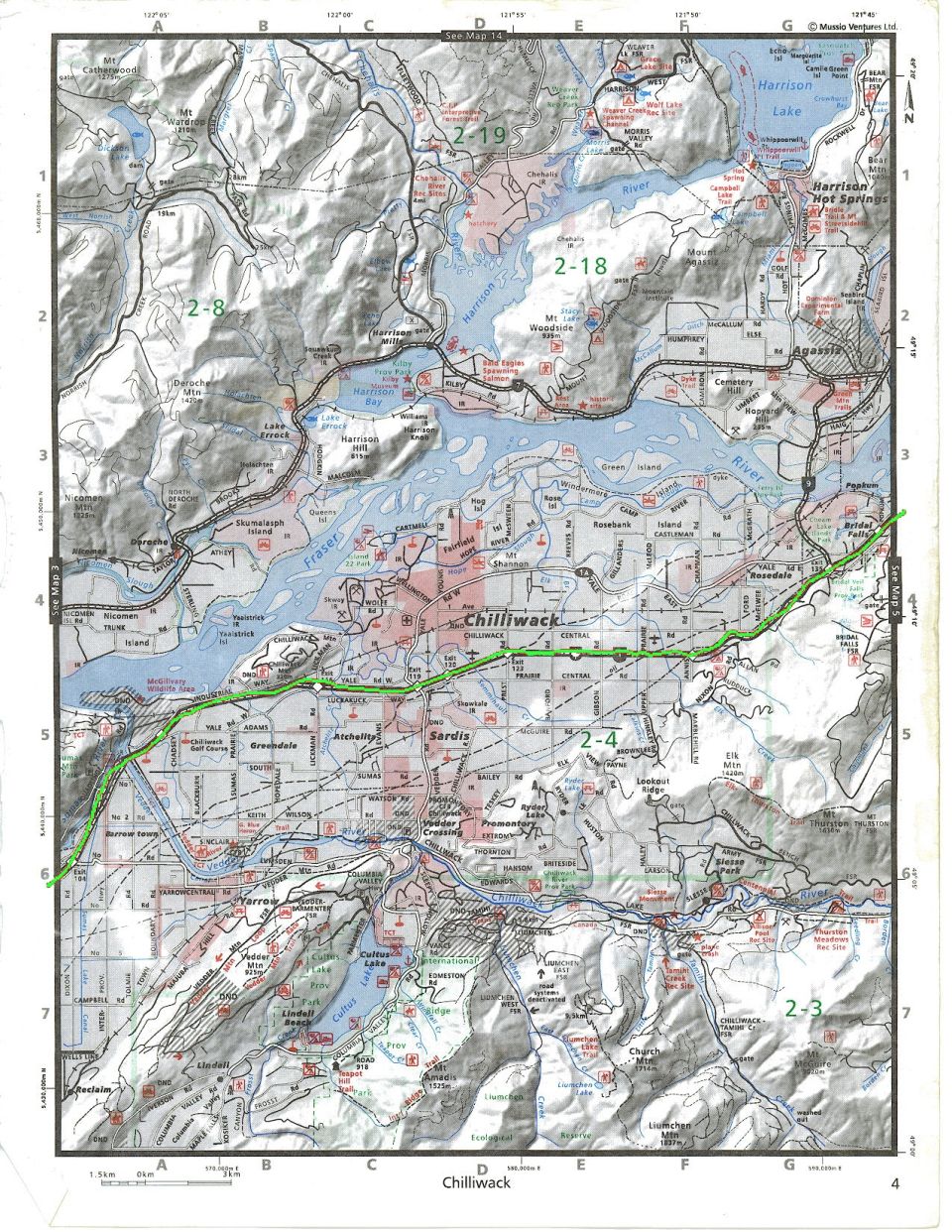 Map of Chilliwack, BC showing roads, rivers, and mountains.