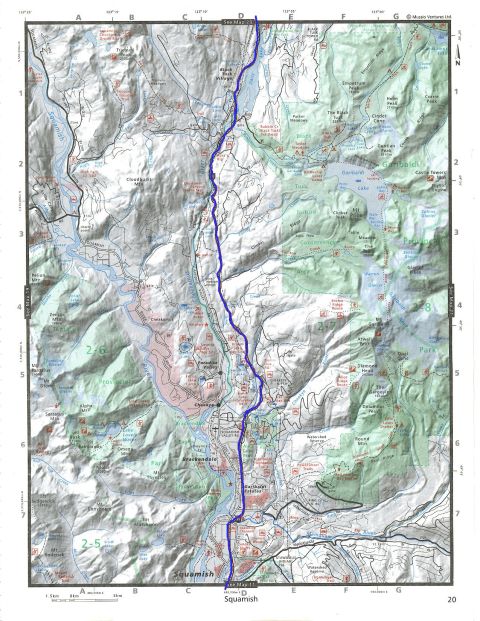 Topographic map of Squamish, BC with a blue line route.