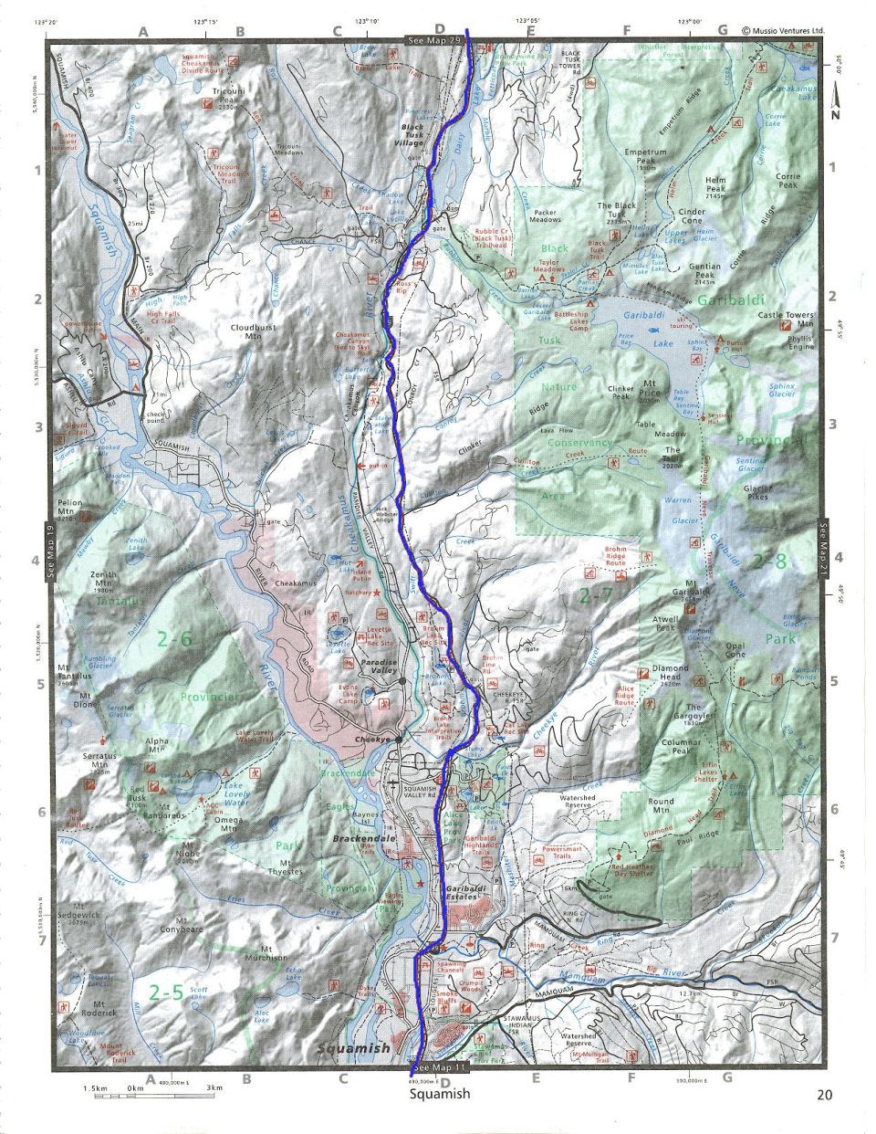 Topographic map of Squamish, BC with a blue line route.