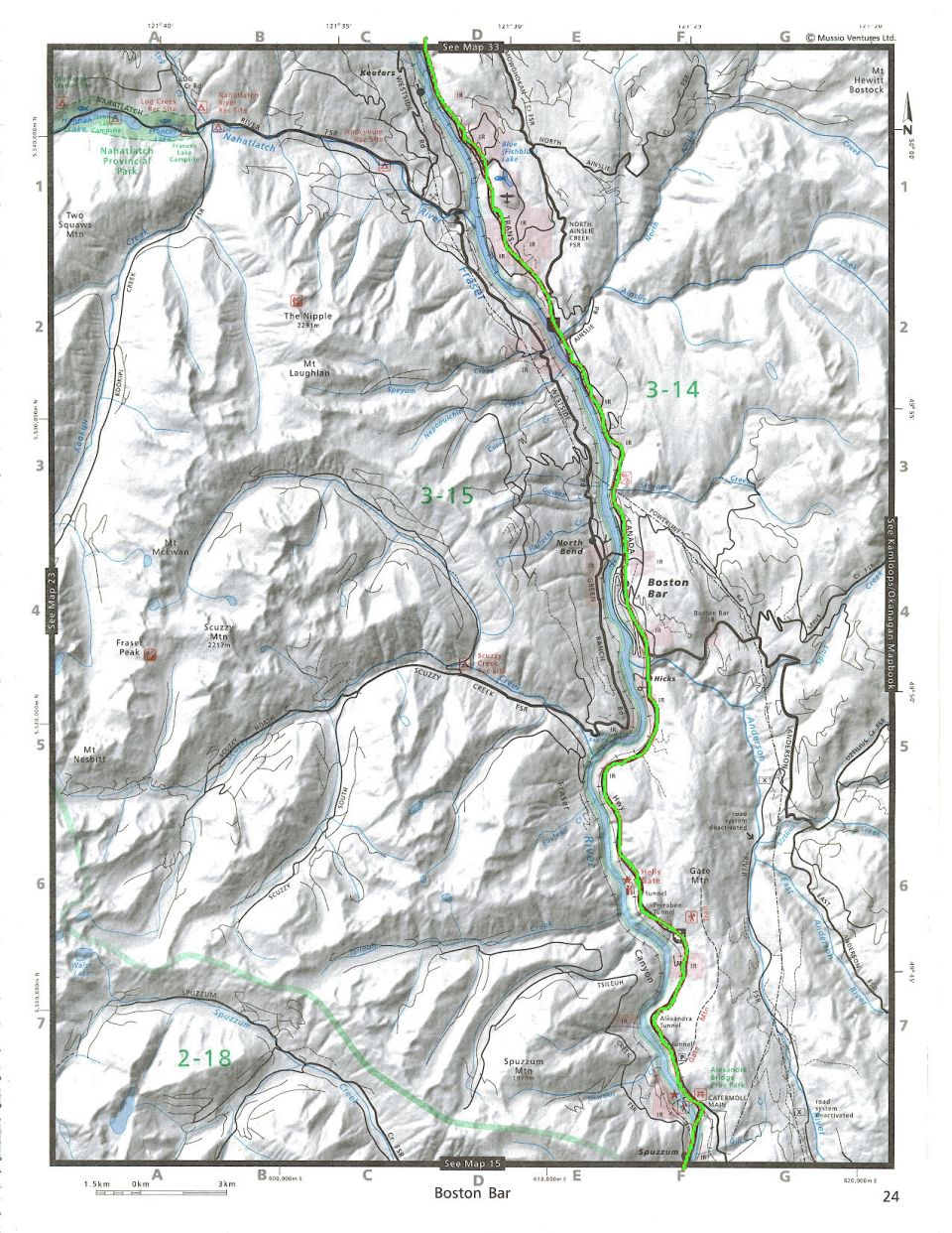 Topographic map of the Fraser River canyon, British Columbia, Canada.