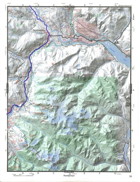 Topographic map of Pemberton, BC, showing roads, rivers, lakes, and mountains.