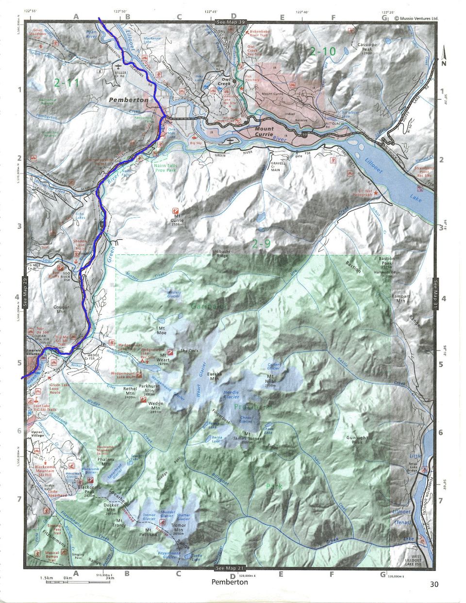 Topographic map of Pemberton, BC, showing roads, rivers, lakes, and mountains.