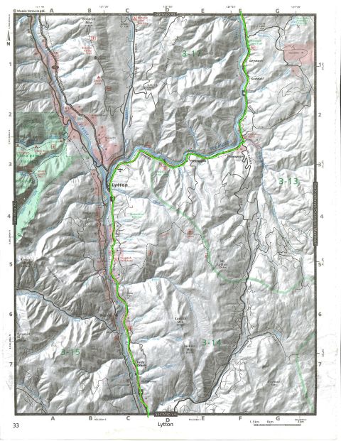Topographic map of Lytton, BC showing rivers, mountains, roads, and trails.
