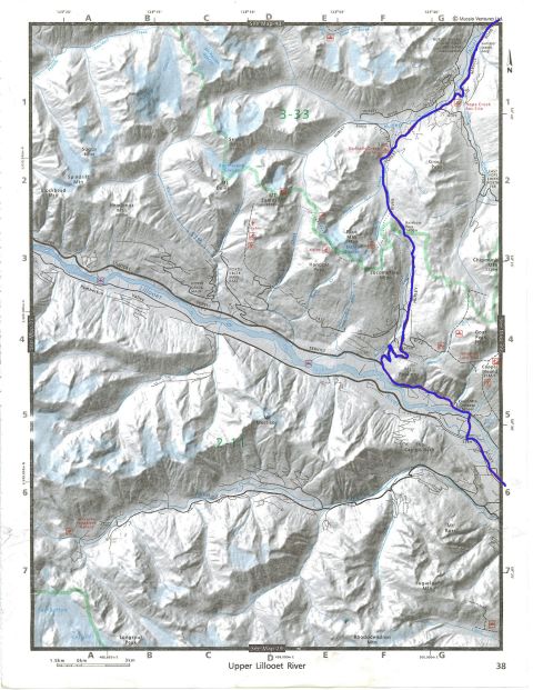 Topographic map of Upper Lillooet River area showing mountains, glaciers, rivers, and trails.