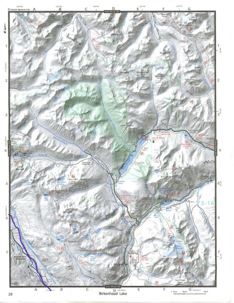 Topographic map of Birkenhead Lake, British Columbia