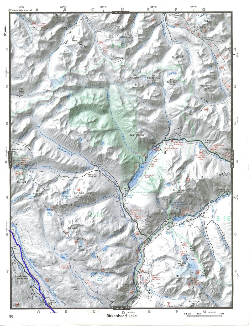 Topographic map of Birkenhead Lake, British Columbia